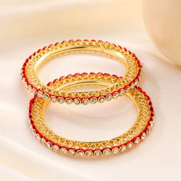 Anouk Women Set of 2 Gold Plated Red Kundan Studded Bangles-image-46