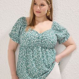 Trendyol Women Plus Size Floral Printed Empire Sweetheart Neck Longline Top-image-11