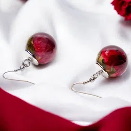 Elnorah Stainless Steel Silver-Plated Red Rose Spherical Shaped Drop Earrings-image-81