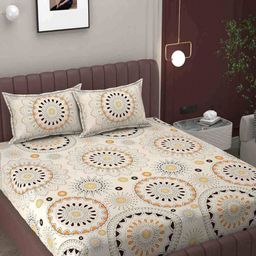 Myntra Elegant Homes Cream Printed 300TC King Fitted Bedsheet Set 1.82m x1.98m-image-84