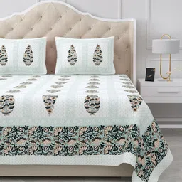 BELLA CASA Green & White Ethnic Motifs 180 TC King Bedsheet with 2 Pillow Covers-picture-46