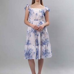 ETRAANA Floral Print Flutter Sleeve Georgette Fit & Flare Midi Dress-11