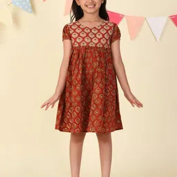 Fabindia Girls Ethnic Motifs Printed Puff Sleeve Cotton Fit & Flare Dress-picture-1