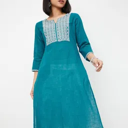max Floral Yoke Design Notch-Neck Embroidered Cotton Straight Kurta-image-95