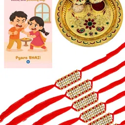 Anouk Set Of 6 Artificial Stones Studded Thread Rakhis With Card & Pooja Thali image 2
