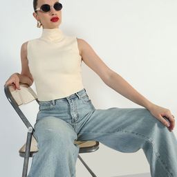 SHOWOFF Women Ribbed Sleeveless High Neck Fitted Top-image-80