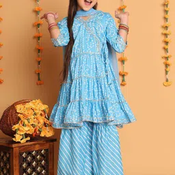 Little Zing Girls Bandhani Printed Angrakha Cotton Kurta with Sharara & Dupatta-picture-49