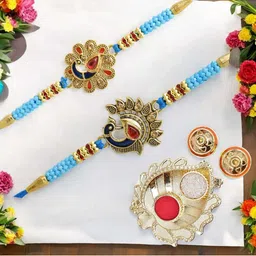 MEIRA JEWELLERY Set Of 2 Stone-Studded & Beaded Rakhi With Greeting Card Gift Set-image-90