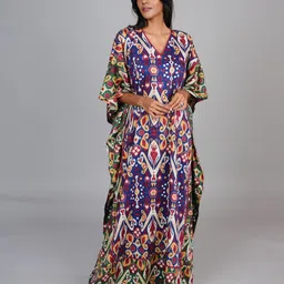 azurina Women Ethnic Motifs Printed V-Neck Pure Cotton Maxi Kaftan Nightdress-picture-23