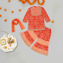 LITTLE GINNIE Girls Bandhani Printed Regular Gotta Patti Pure Cotton Kurta with Sharara & With Dupatta-image-81