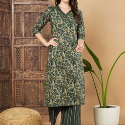 KALINI Women Floral Printed Regular Beads and Stones Pure Cotton Kurta with Palazzos-image-32