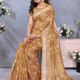 V3 FASHION STUDIO Women Brown Floral Zari Linen Blend Jamdani Saree-picture-22