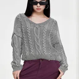 HERE&NOW Self Design Cable Knit V-Neck Pullover Sweater-picture-2