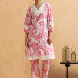 Anouk Floral Printed Mirror Work Straight Kurta With Palazzos-52
