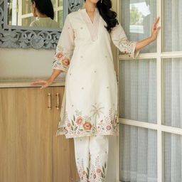 HOUSE OF JAMOTI Embroidered Pure Cotton Mandarin Collar Kurta With Trousers Co-Ords Set-14