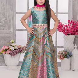 BAESD Girls Printed Mirror Work Ready to Wear Lehenga & Blouse With Dupatta-2