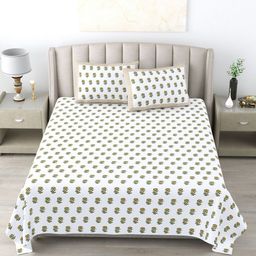 Wayne Martin White & Yellow Floral 300 TC Pure Cotton King Bedsheet With 2 Pillow Covers-image-68