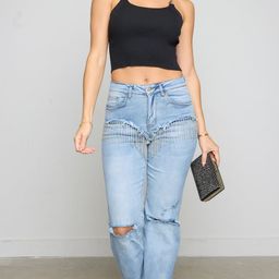 Wear Your Words Women Wide Leg High-Rise Slash Knee Light Fade Embellished Jeans-image-54