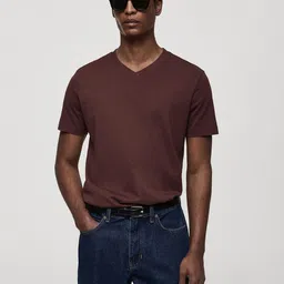 MANGO MAN V-Neck Pure Cotton Slim Fit T-shirt-image-81