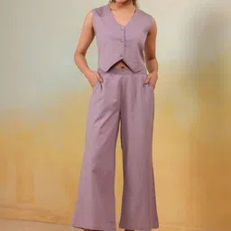 FLAVIA CREATION V-Neck Sleeveless Pure Cotton Top With Trouser-image-35