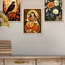 Kotart Brown & Orange Colored 3 Pieces Floral & Bird Printed Wooden Wall Arts-picture-37