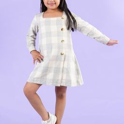 Nature Nook Kids Girls Cotton Checked Square Neck Long Sleeves Drop-Waist Dress-image-84