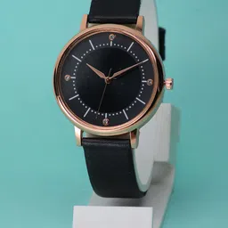 VIRAKTI Women Brass Embellished Dial & Leather Straps Analogue Watch F-71-BLACK-A-123