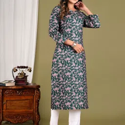 GUDWEARS Floral Printed Notch Neck Pure Cotton Kurta-14