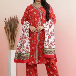 anayna Plus Size Floral Printed Angrakha Pure Cotton A-Line Kurta With Trousers & Dupatta-image-23