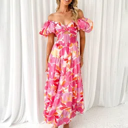 all about you Floral Printed Off-Shoulder Flutter Sleeve Maxi Dress-image-17