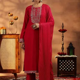 Libas Floral Embroidered Sequinned Dobby Weave Straight Kurta With Trousers & Dupatta-0