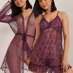 Clovia Self Design Net Baby Doll with Sheer Robe-0