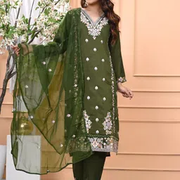 Mokshielite Women Floral Embroidered V-Neck Sequinned Kurta with Trousers & Dupatta-picture-12