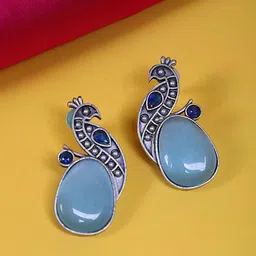 FIROZA Silver-Plated Stone Studded & Beaded Teardrop Shaped Studs image 1