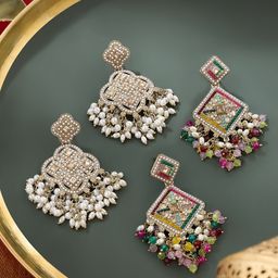 Zaveri Pearls Set Of 2 Gold-Plated Artificial Stones Studded Contemporary Drop Earrings-15