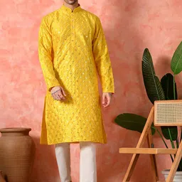 7 GEN Men Ethnic Motifs Embroidered Regular Thread Work Pure Silk Kurta with Pyjamas-picture-3
