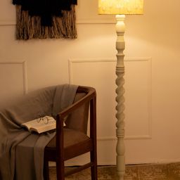 green girgit Mustard Yellow & Brown Floral Printed Cylindrical Wooden Drum Floor Lamp-5