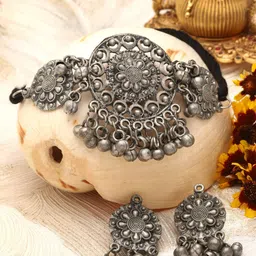 Moedbuille Silver-Plated Oxidised Ghungroo-Studded Jewellery Set-image-95