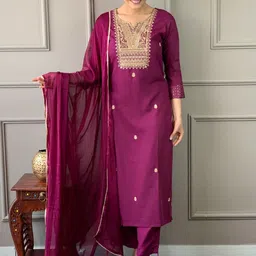 KALINI Ethnic Motifs Embroidered Regular Straight Kurta with Trousers & Dupatta-picture-12