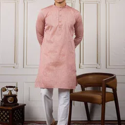 House of Pataudi Striped Mandarin Collar Straight Kurta Set-picture-28
