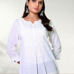 myplusfashion Floral Embroidered Chikankari Notch Neck Pure Cotton Chikankari Kurti-image-23