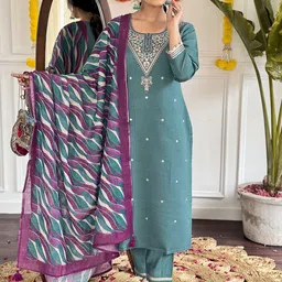 BAESD Floral Embroidered Zari Round Neck Straight Kurta with Trousers & Dupatta-28
