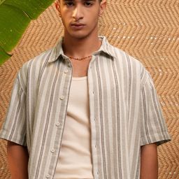 HIGHLANDER Striped Dobby Cuban Collar Oversized Casual Shirt-image-92