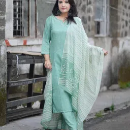 KALINI Woven Design Notch Neck Thread Work Kurta with Trouser And Dupatta-31