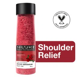 Soulflower Exfoliating Rose Geranium Body Scrub & Epsom Bath Salt, Vitamin E Olive for Shoulder Pain-picture-2