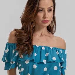 Kotty Polka Dot Print Off-Shoulder Puff Sleeve Crepe Crop Top-picture-4