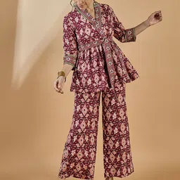 WineRed Ethnic Printed Pure Cotton Tunic With Trousers-image-12