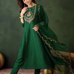 Sangria Floral Embroidered Zari Sequence A Line Kurta & Trouser With Dupatta image 4