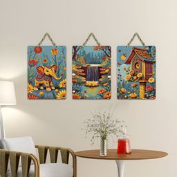 ArtVibes Blue & Yellow 3 Pieces Printed Wooden Wall Hanging Decors-image-65