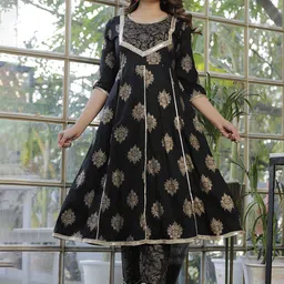 HEBA Floral Printed Round Neck Gotta Patti Panelled A-Line Kurta With Trousers & Dupatta-picture-8